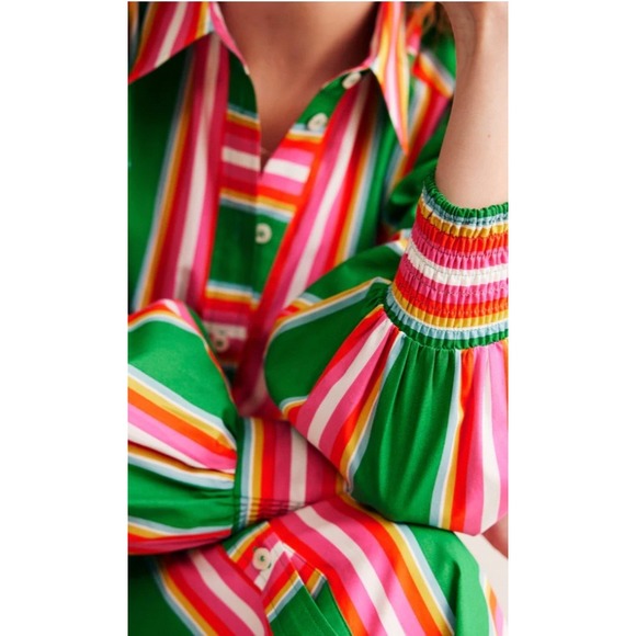 Boden Green Pink Multi Stripe Maxi Shirt Dress Ruffle Hem | Size 8P - Picture 3 of 14